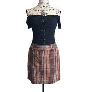 VTG Y2K Tommy Hilfiger Mini Skirt Plaid Tan Brown Burgundy Size 2